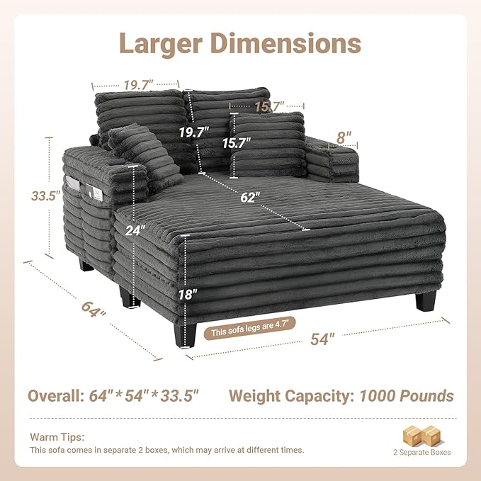 64" Chaise Lounge Chair Indoor, Oversized Sleeper Chair - Image 2