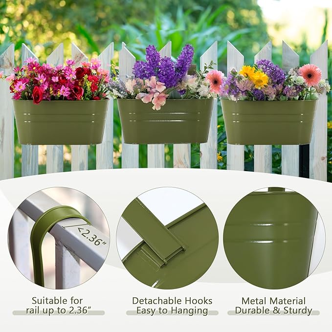 3 Pack Metal Railing Planters, 10.5" Oval Hanging Flower Pots - Image 4