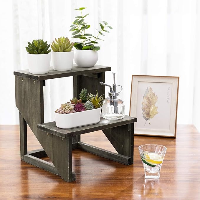 MyGift 2 Tier Rustic Dark Gray Wood Desktop Plant Rack, Farmhouse Style Planter by MyGiftHome