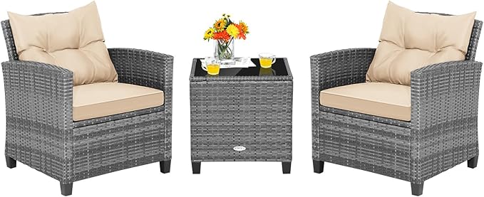 Tangkula 3 Pieces Wicker Patio Furniture Set, Outdoor Rattan Conversation by TANGKULA
