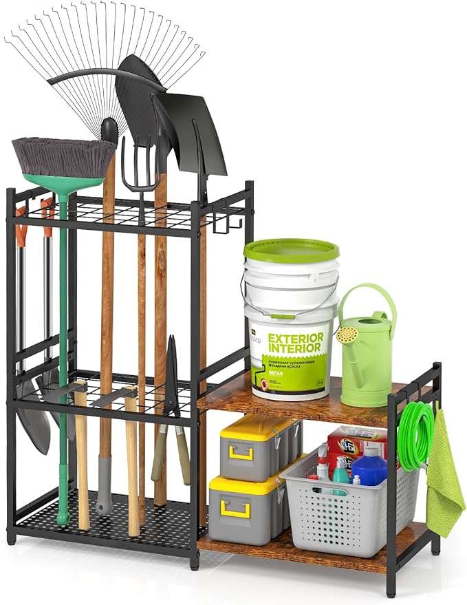 Garage Tool Organizer with 2-tier Wooden Shelves, Yard Tool Organizer by DAOUTIME