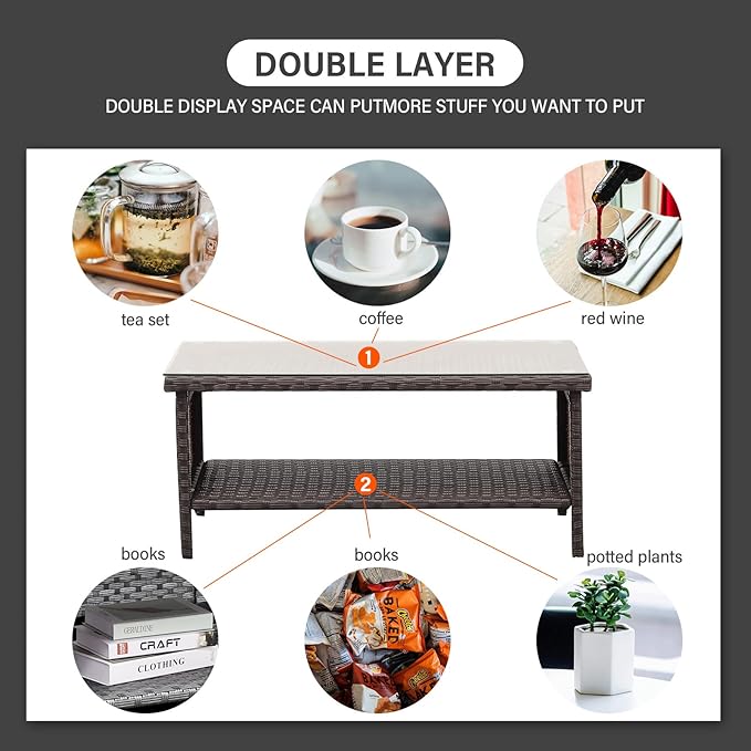 Outdoor Wicker Coffee Table Patio Furniture Garden Rattan 2-Layer Glass Table - Image 9