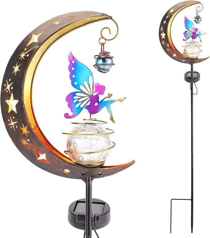 Solar Fairy Garden Light Decor, Moon Fairy Stake Lights, Crackle Glass Globe by HEDAQI