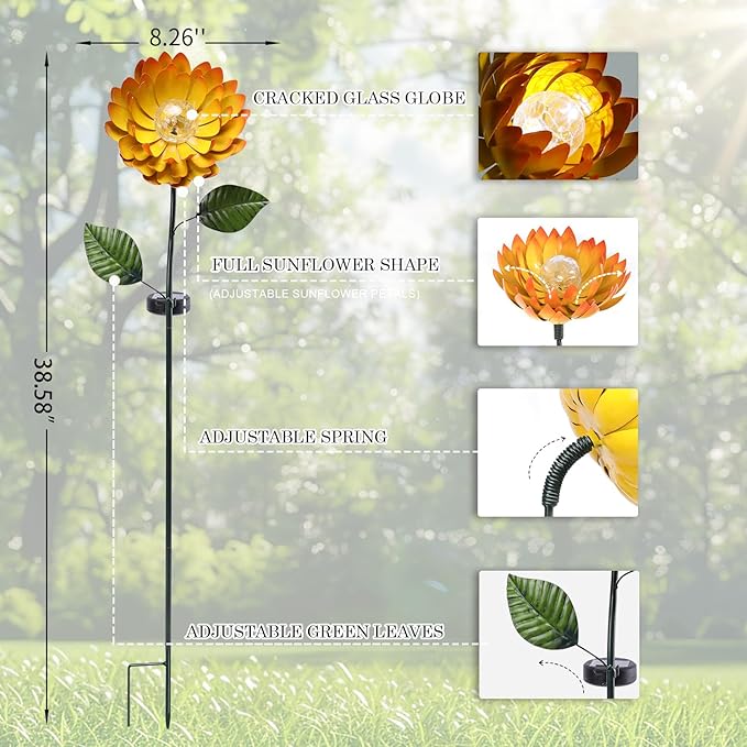 VCUTEKA Solar Garden Lights Metal Flower Decor Colorful Yellow Flowers Solar - Image 4