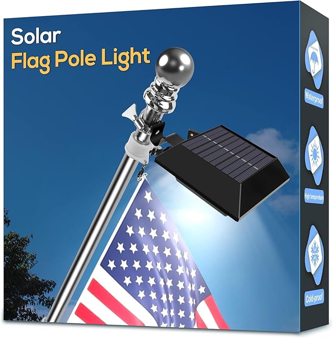Solar Flag Pole Light, Bright White 6000k Flagpole Light Upgrade Solar Powered by Little+Joke
