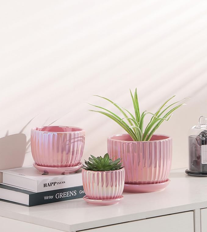 Ton Sin Pink Gold Ceramic Flower Pots, Modern Indoor Decorative Plant Pots Set - Image 3