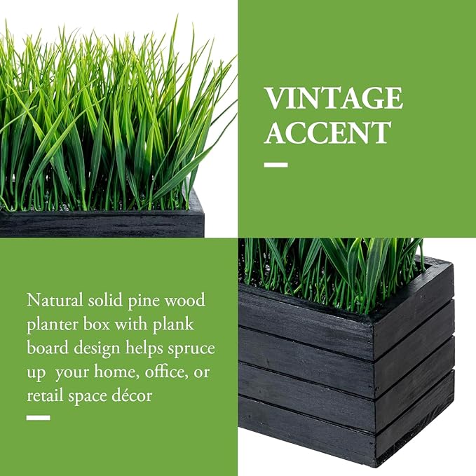 MyGift 14 Inch Artificial Green Grass Plant in Vintage Black Wood Planter - Image 2