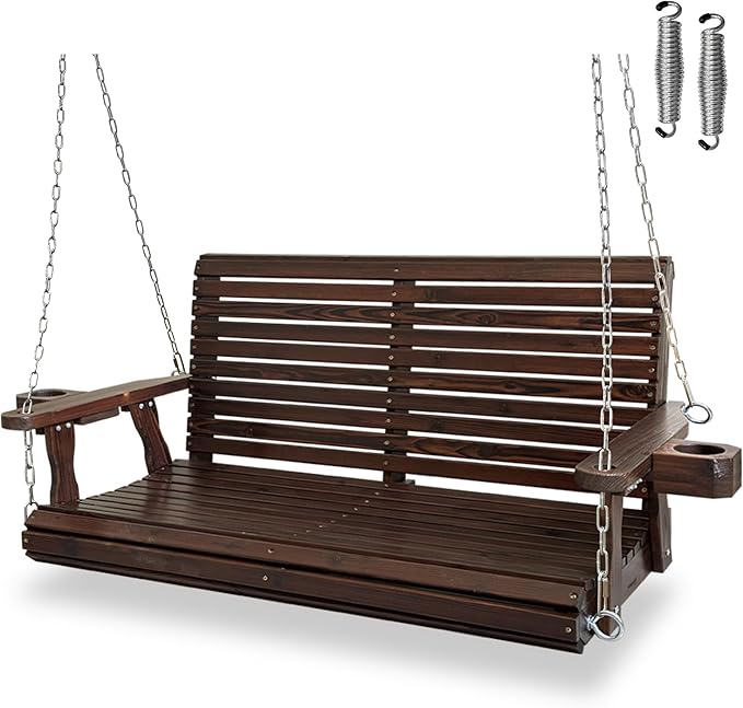 Wooden Porch Swing 2-Seater, High Backrest and Deep Seat, Bench Swing by FortuneCandy