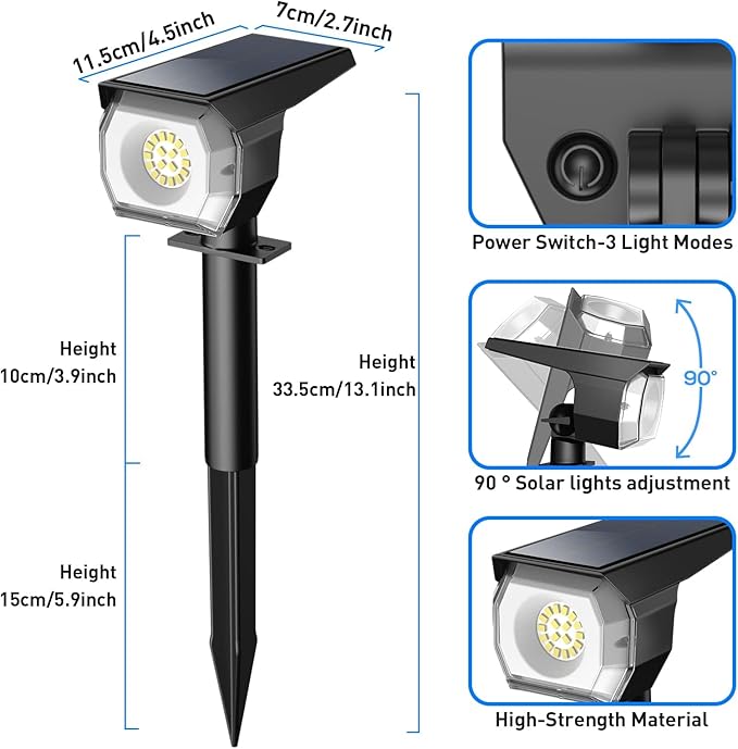 EIUIO Solar Outdoor Lights, 3 Lighting Modes Solar Spot Lights Outdoor - Image 2