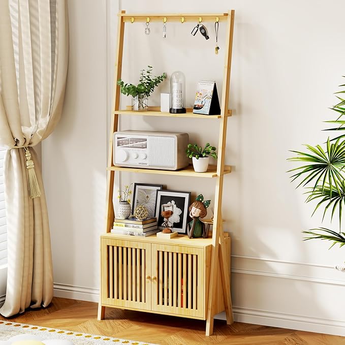 Bookcase with Drawers, 4-Tier Bamboo Bookshelf Ladder Shelf with 6 Hooks by OAKVIVOElegantLifestyle
