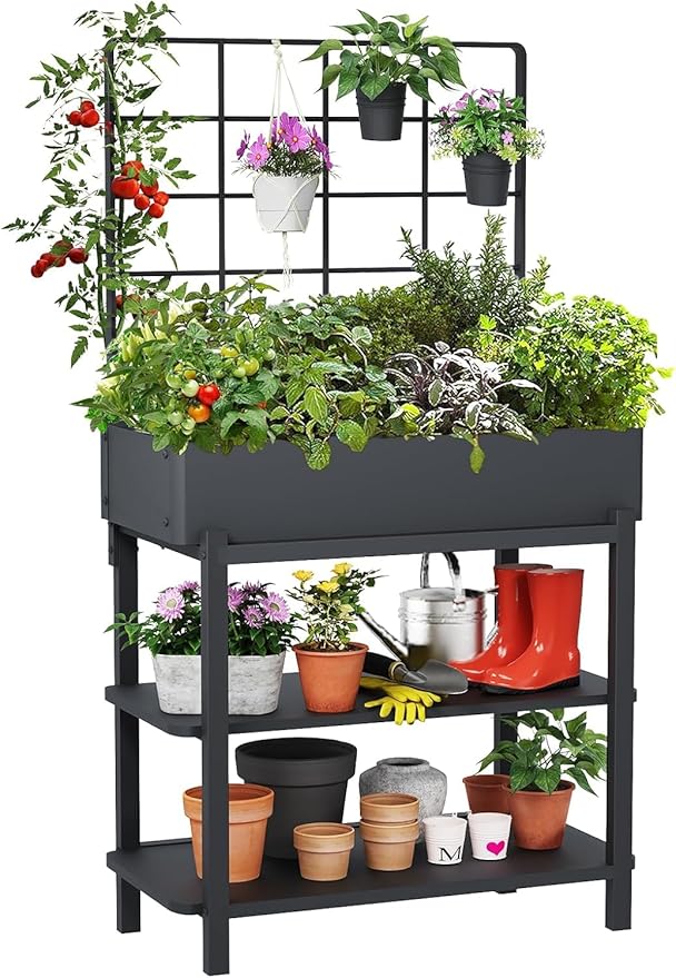Metal Raised Garden Bed with Trellis & 2-Tier Storage Shelf, Elevated Planter by FOYUEE