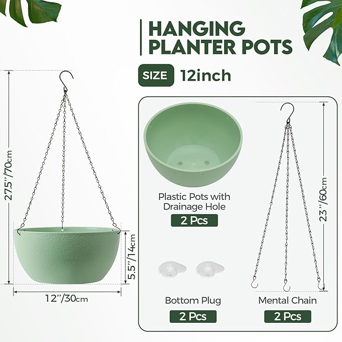 T4U 12 Inch Hanging Planters for Indoor Outdoor Plants, 2 Pack Plastic Hanging - Image 2