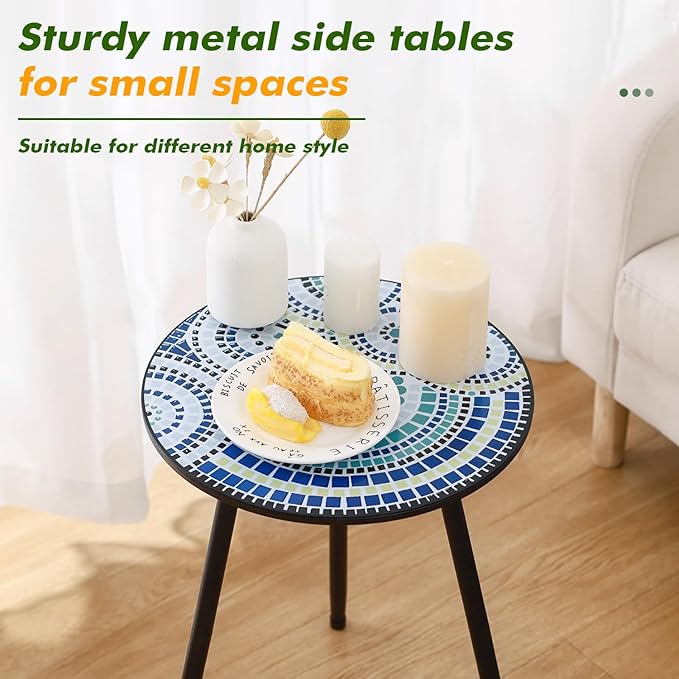 2 Packs Metal Mosaic Round Side Tables 13.4" Small Outdoor Patio Round Accent - Image 4