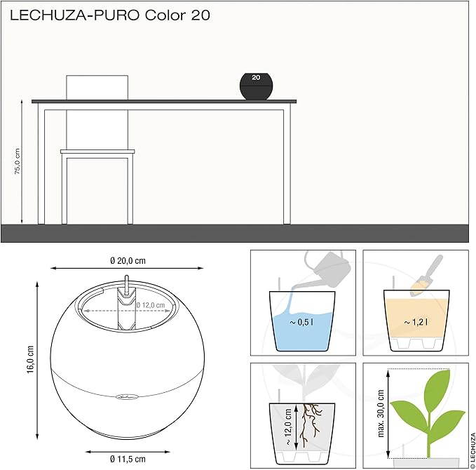 Lechuza Puro Color 20 Slate, Self-Watering Small Indoor Planter, D7.9 H6.3 in - Image 4