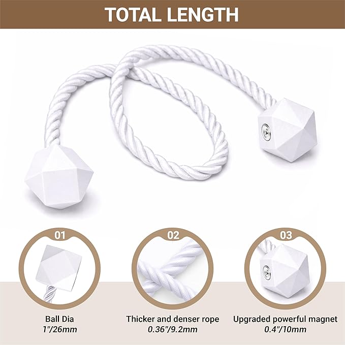 Hion Magnetic Curtain Tiebacks White 6 Pack, Curtain Tiebacks Buckles Holdbacks - Image 2
