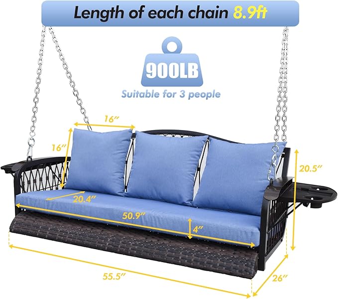 Wicker Porch Swing Heavy Duty 900 LBS 3-Seat Outdoor Patio Swing Chair - Image 7