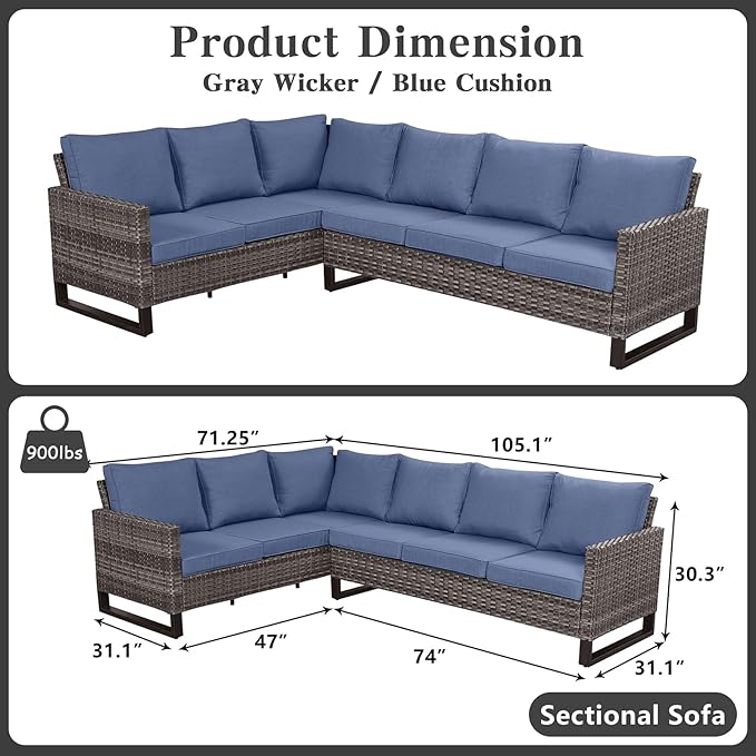Belord Outdoor Sectional Sofa 6 Seater L Shaped Couch Wicker Patio Conversation - Image 2