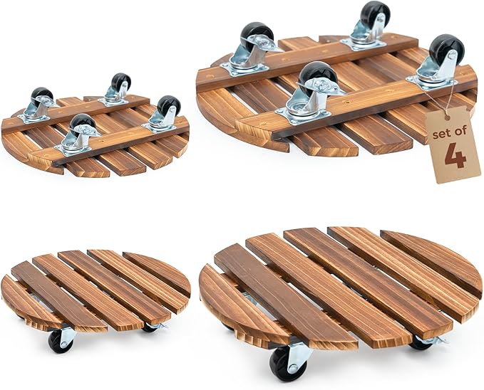 Bamworld Plant Stand with Wheels Plant Caddy Outdoor 4 Pack 12in Rolling by Bamworld