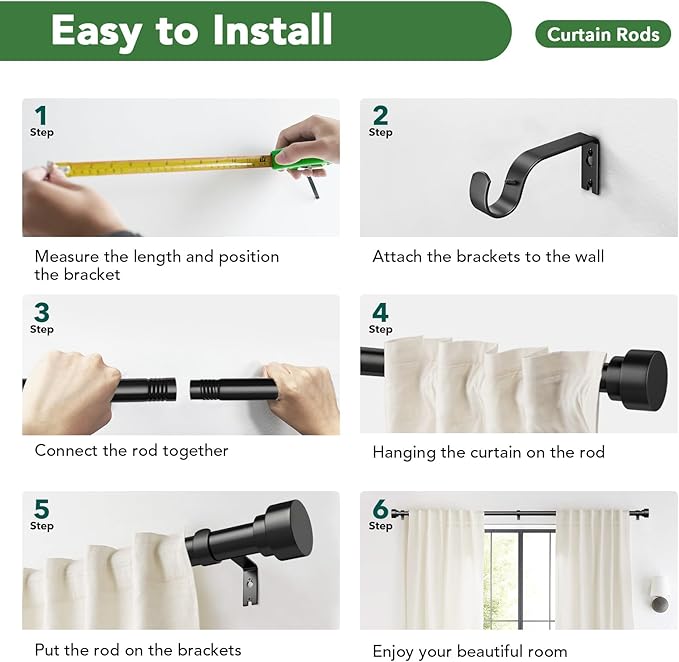 Time Forest Curtain Rods for Windows 32 to 170, 1 Inch Adjustable Black Heavy - Image 9