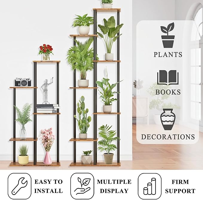 Plant Stand Indoor 5 Tier 6 Potted Metal Wood Plant Shelf, Rustic Brown - Image 5