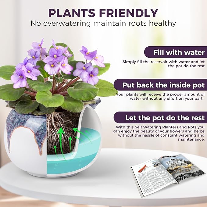 African Violet Pots, 6 inch Ceramic Easy Self Watering Plant Pot - Image 2