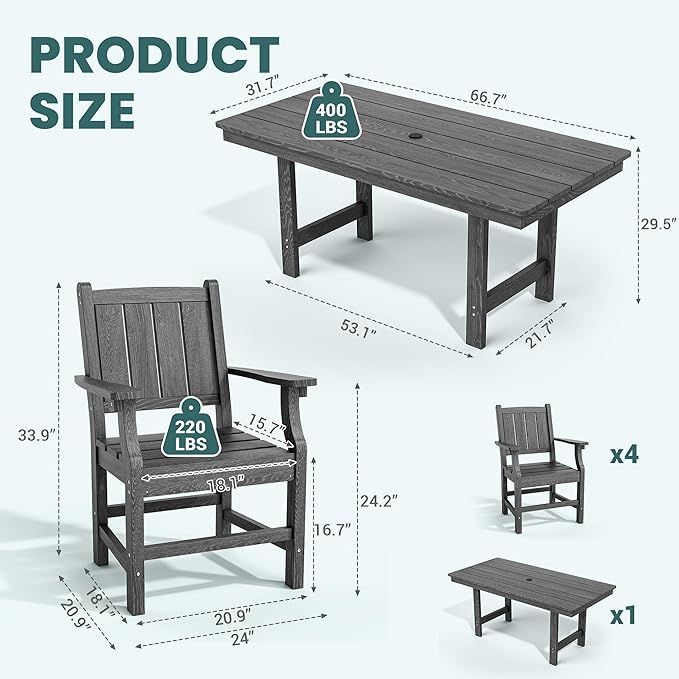 Pamapic 5-Piece Outdoor Dining Set, HDPE Outdoor Rectangular Table and 4 Chairs - Image 8