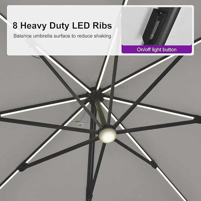 PURPLE LEAF 10 Feet Patio Umbrella Outdoor Cantilever Solar Powered LED Swivel - Image 6