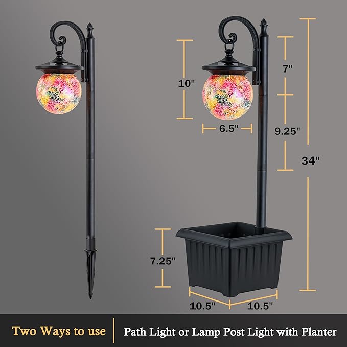 Solar Lamp Post Light with Planter, Matte Black Outdoor Flower Pots with Mosaic - Image 5