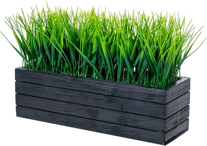 MyGift 14 Inch Artificial Green Grass Plant in Vintage Black Wood Planter by MyGiftHome