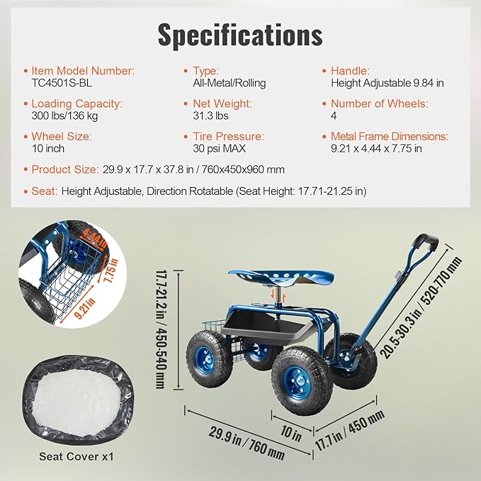 VEVOR Garden Cart Rolling Workseat - Image 6