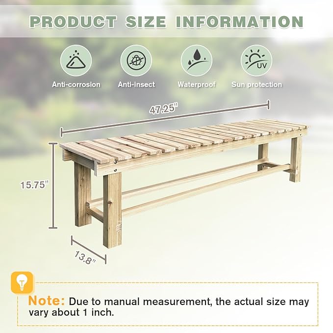 Outdoor Garden Bench, 3-Person Wood Patio Bench Weatherproof Outdoor Backless - Image 2