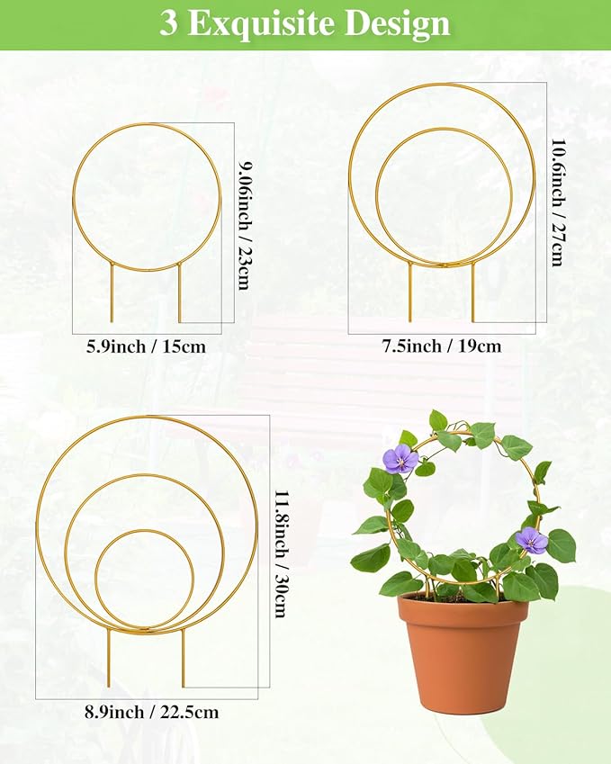 3 Pack Premium Round Plant Trellis Indoor, Small Metal Plant Support Stake - Image 4