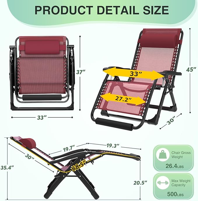 Suteck Oversized Zero Gravity Chair, 33In XXL Lounge Chair w/Removable - Image 2