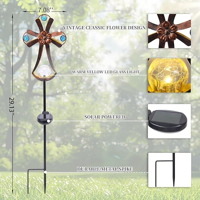 VCUTEKA Solar Garden Lights Cemetery Metal Flower Decor Colorful Solar Pathway - Image 3