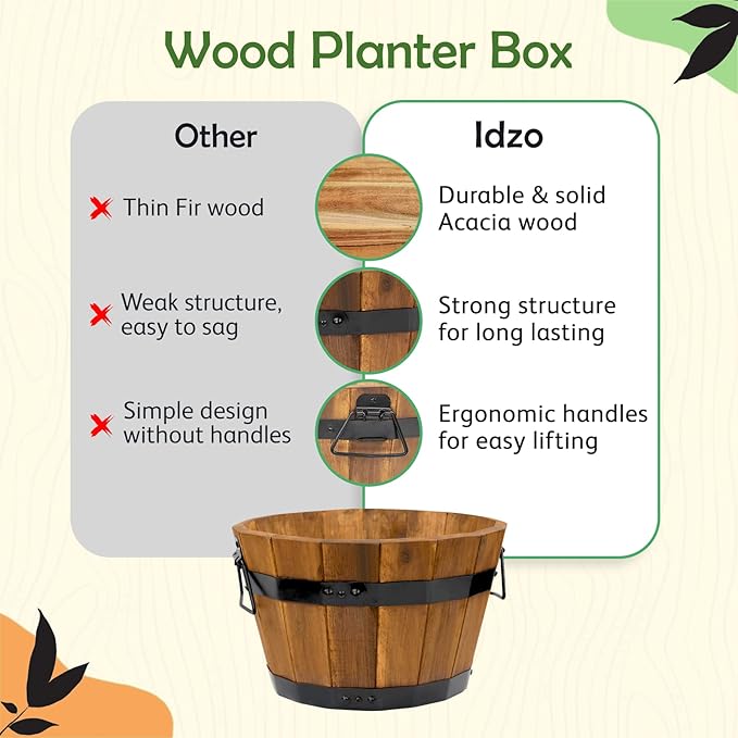 Idzo Set of 3 Wooden Flower Boxes Outdoor, Durable Acacia Wood Barrel Planters - Image 3