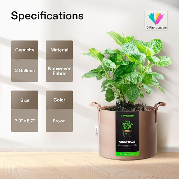 VIVOSUN 5-Pack 2 Gallons Grow Bags Heavy Duty Thickened Nonwoven Fabric Pots - Image 2