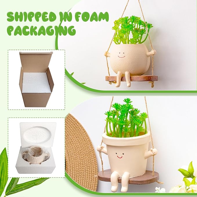 Domensi 2 Pcs Swing Hanging Planter Cute Smile Flower Face Pot Indoor Outdoor - Image 6