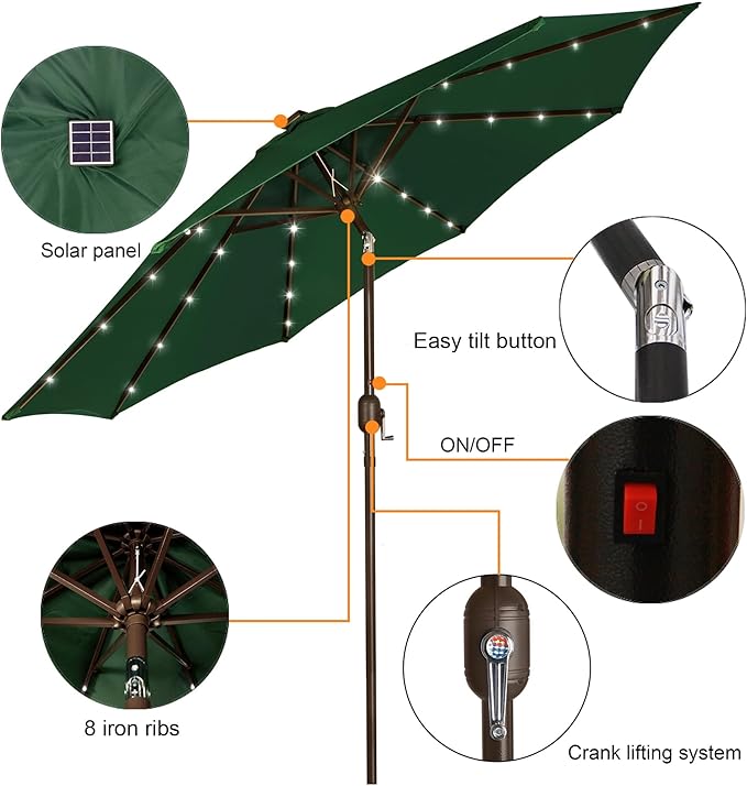 Blissun 9 ft Solar Umbrella, 32 LED Lighted Patio Umbrella, Table Market - Image 2