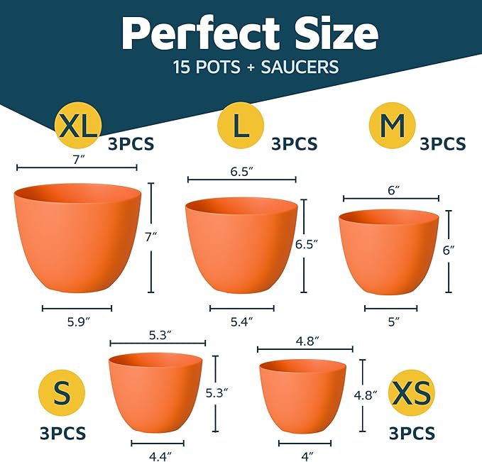 Yellow Plant Pots with Drainage Holes & Saucers 15 Pack, Indoor & Outdoor - Image 2
