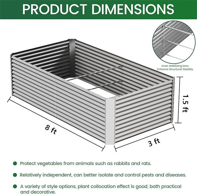 FRIZIONE 2pcs Tall 8x3x1.5ft Galvanized Raised Garden Bed Outdoor, Steel Garden - Image 3