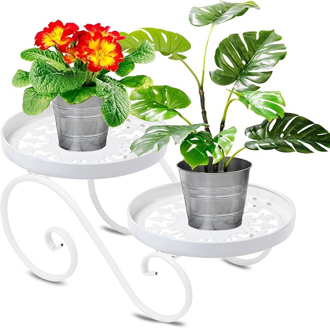 2 Tier White Plant Stand, Metal Flower Stand Indoor Outdoor, Anti-Rust Iron by Santentre