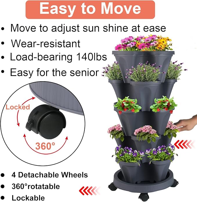 GameXcel Vertical Planter 5 Tier Stackable Planters Garden Planters Strawberry - Image 5