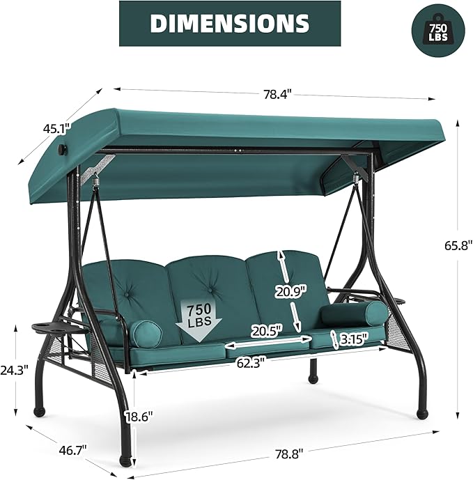 HOMREST 3 Seat Outdoor Porch Swing - Image 5