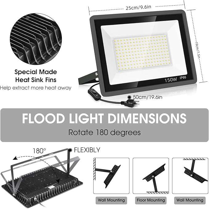 3 Pack 150W LED Flood Light Outdoor, Super Bright Exterior Security Light - Image 4
