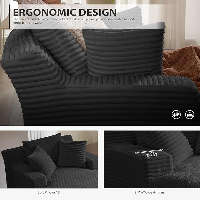 67 Inch Oversized Chaise Lounge Chair Indoor, Corduroy Upholstered Boneless - Image 6