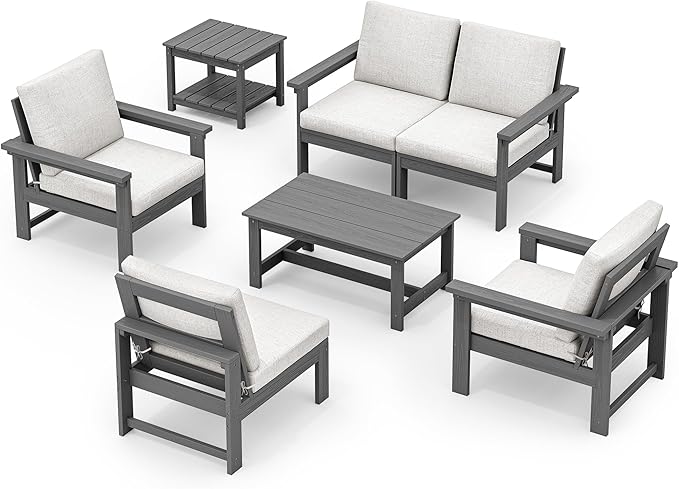 SERWALL HDPE Patio Furniture Set, 7-piece Outdoor Sectional Sofa Set, All - Image 10