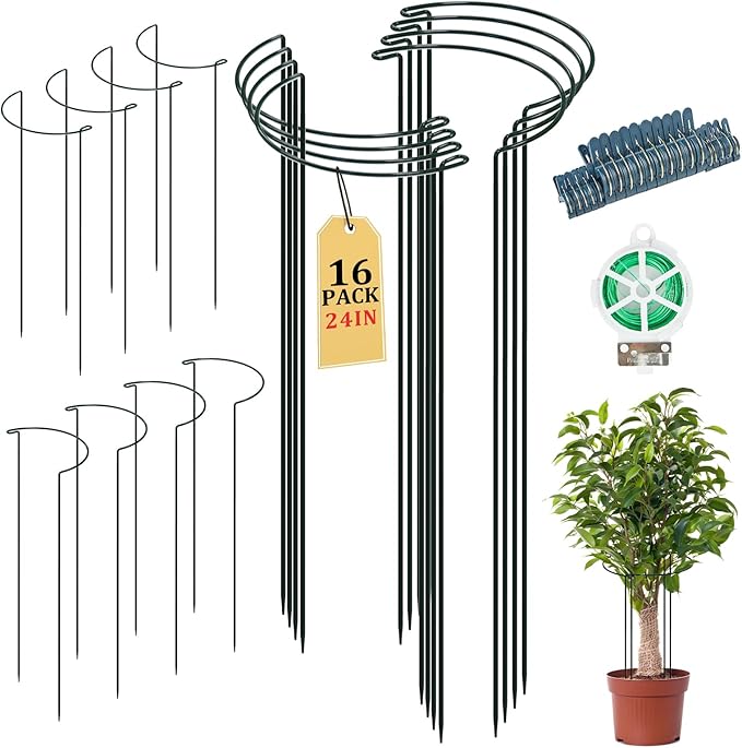 16 Pack 24 inch Plant Support Stakes, Half Round Peony Cage and Support by Linyona