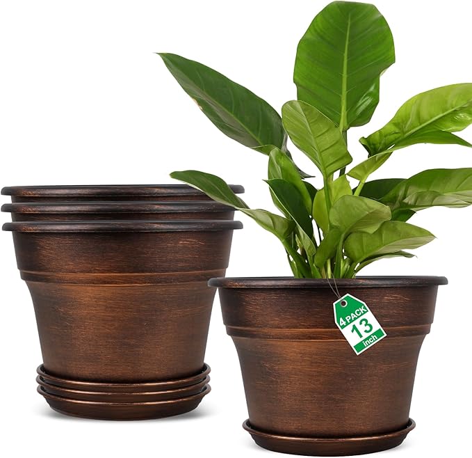 Plant Planters Pots Set of 4 Pack 13 Inch，Large Plastic Flower Pot by Fodetyff