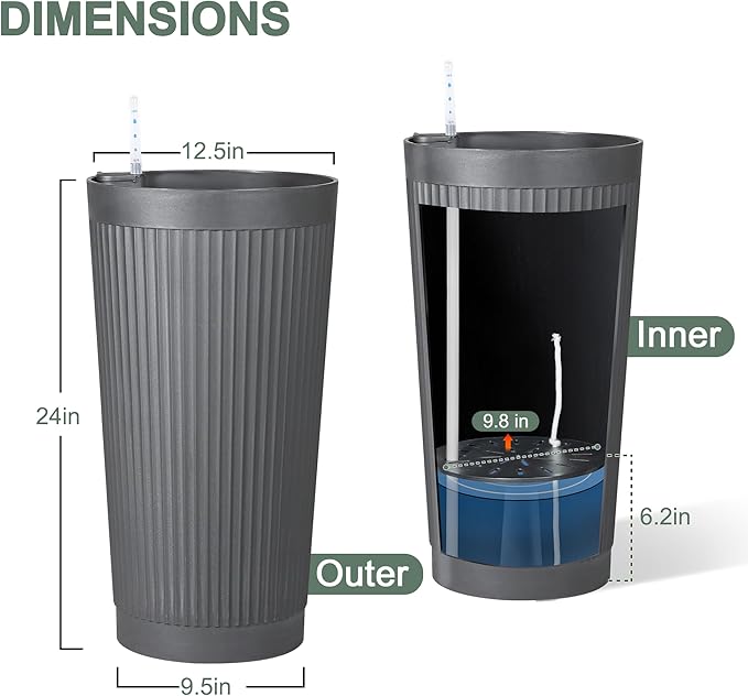 24" Large Planter Set of 2, Self Watering Tall Plastic Planters - Image 3
