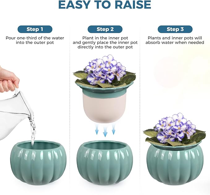 BUYMAX African Violet Pots, 6 inch Pumpkin-Style Ceramic Easy Self Watering - Image 4